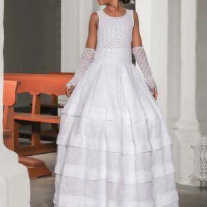 Vestido primera comunión con tejido en arañas y sesgos