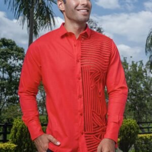 08-674 Camisa Guayabera Roja Manga Larga
