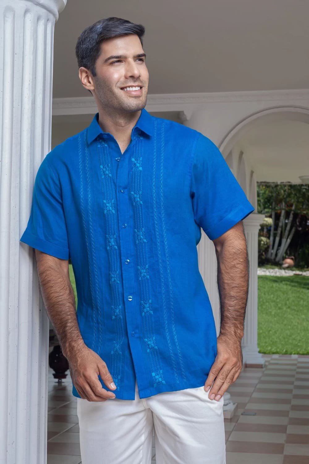 08-675 Camisa Guayabera Azul Rey Manga Larga