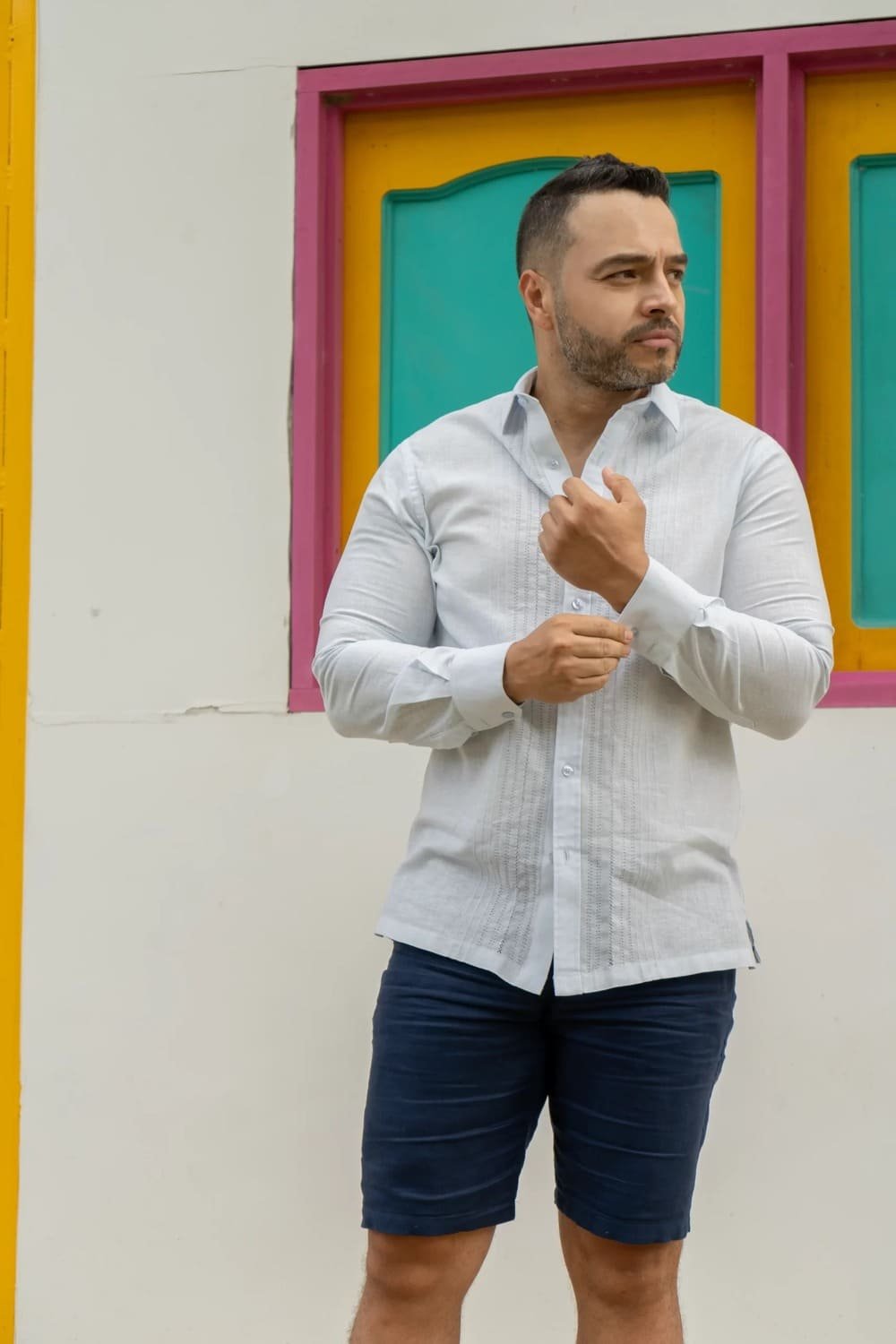 Guayabera Azul Claro Calada Cuello de Ángel - Coleccion 2024 - Raices - FRIXIO 3 Guayabera Azul Claro Calada Cuello de Ángel