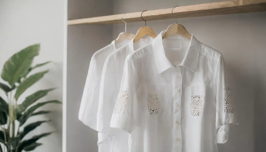 camisas artesanales bordados a mano Blancas en un armario colgados en ganchos 1024x585 1